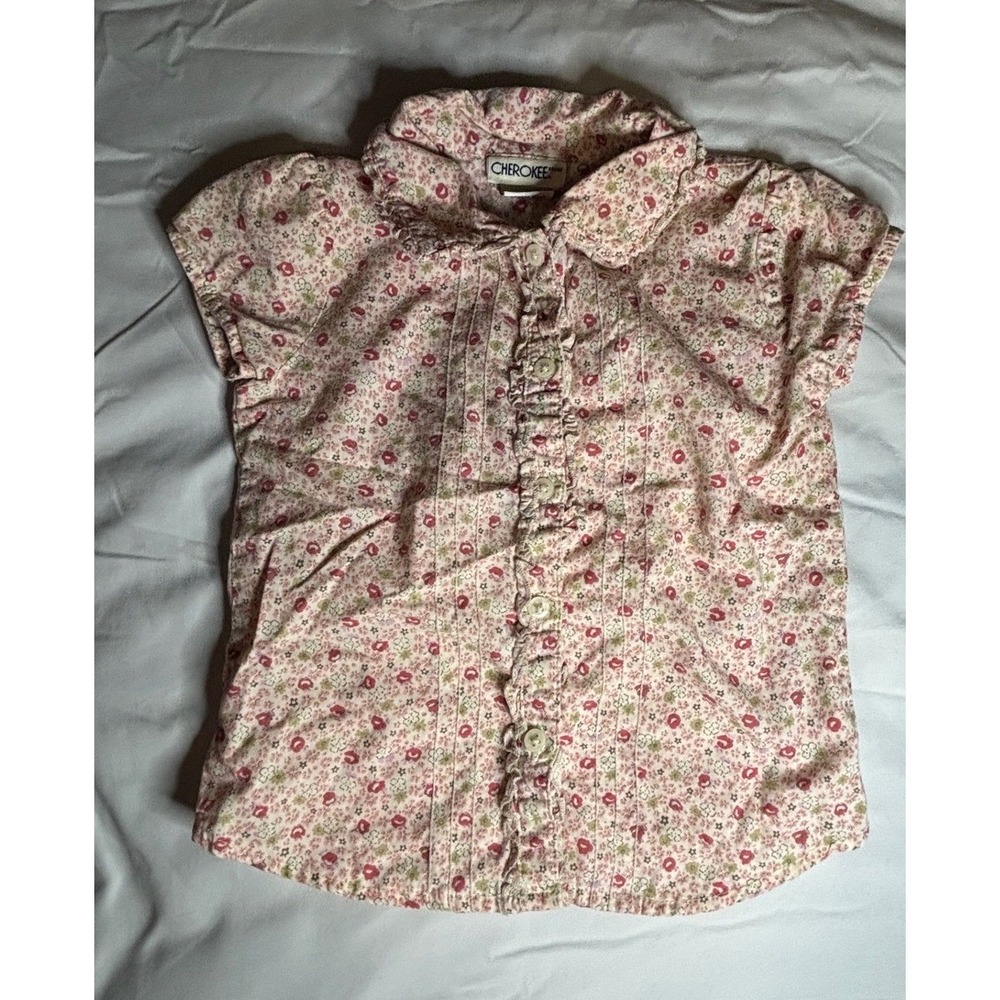 Cherokee Brand Toddler Girls 3T Pink Floral Ruffle Button Up Blouse Short Sleeve